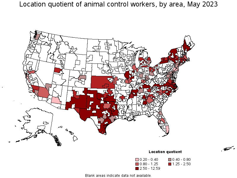 Map of location quotient of animal control workers by area, May 2022