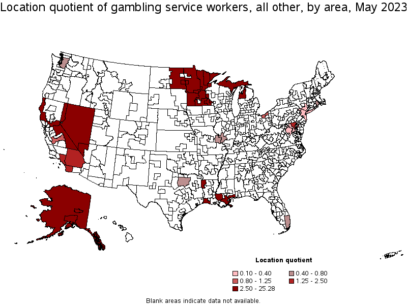 Map of location quotient of gambling service workers, all other by area, May 2021