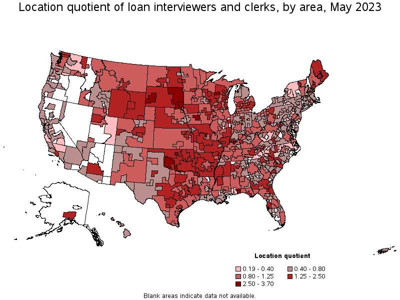 Map of location quotient of loan interviewers and clerks by area, May 2022