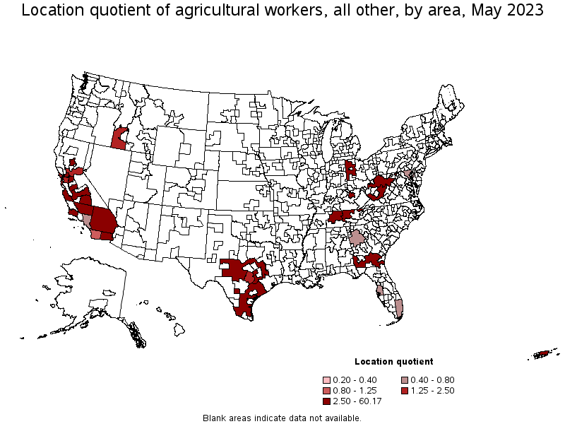 Map of location quotient of agricultural workers, all other by area, May 2022