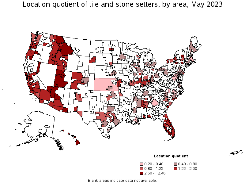 Map of location quotient of tile and stone setters by area, May 2021