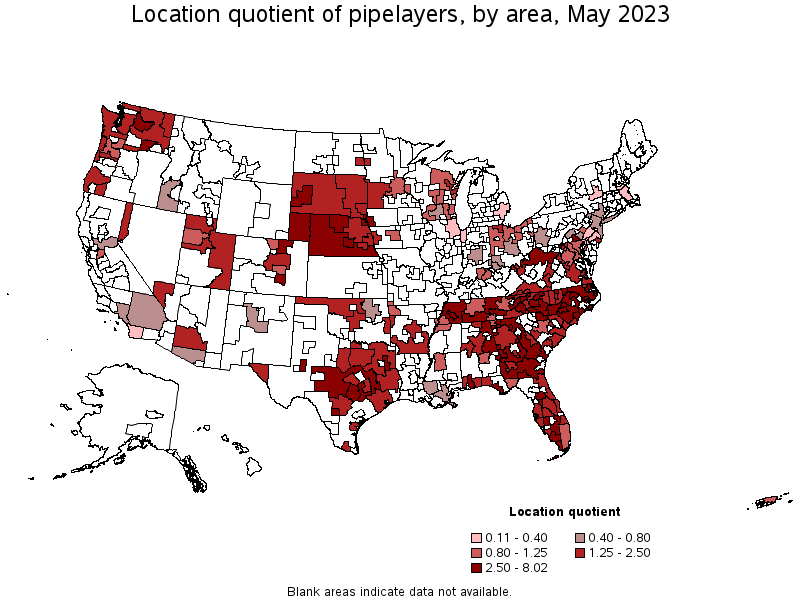 Map of location quotient of pipelayers by area, May 2022