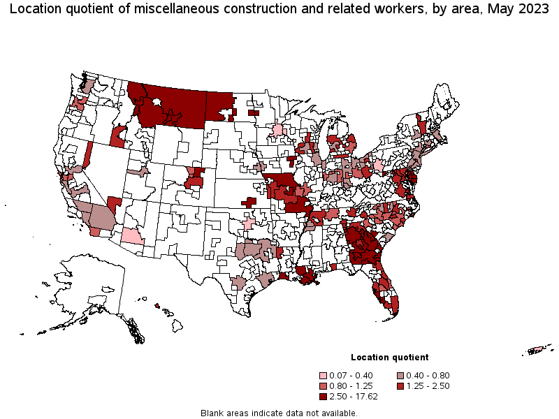 Map of location quotient of miscellaneous construction and related workers by area, May 2021