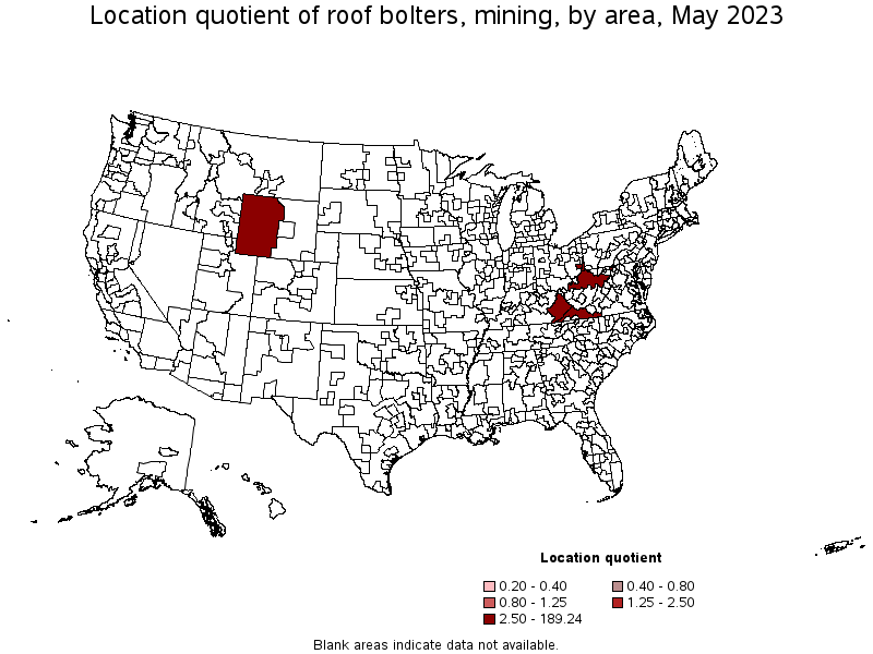 Map of location quotient of roof bolters, mining by area, May 2022