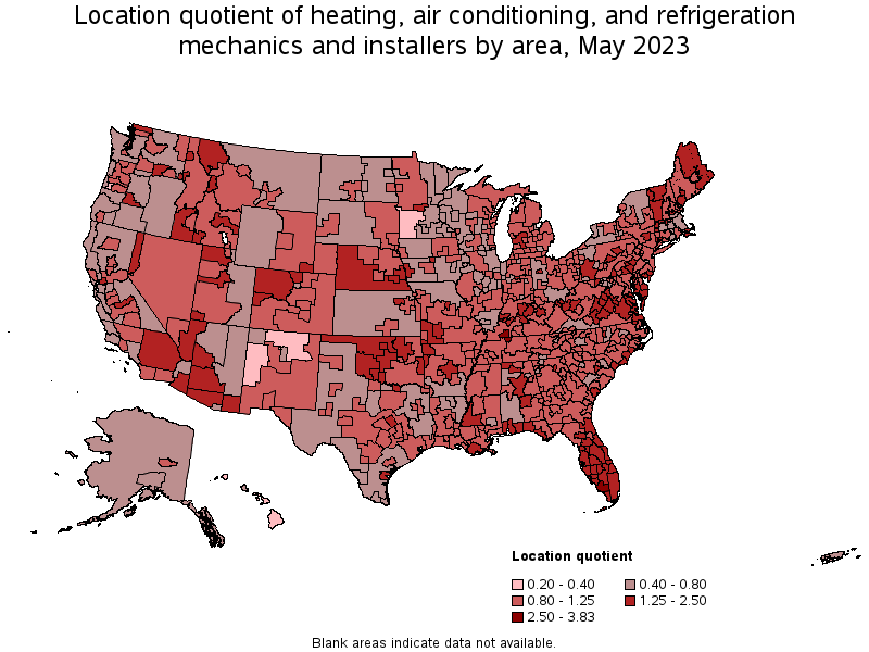 Map of location quotient of heating, air conditioning, and refrigeration mechanics and installers by area, May 2021