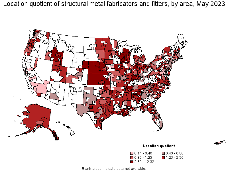 Map of location quotient of structural metal fabricators and fitters by area, May 2021