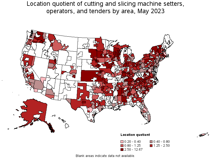 Map of location quotient of cutting and slicing machine setters, operators, and tenders by area, May 2022