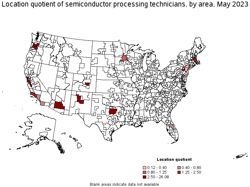 Map of location quotient of semiconductor processing technicians by area, May 2022