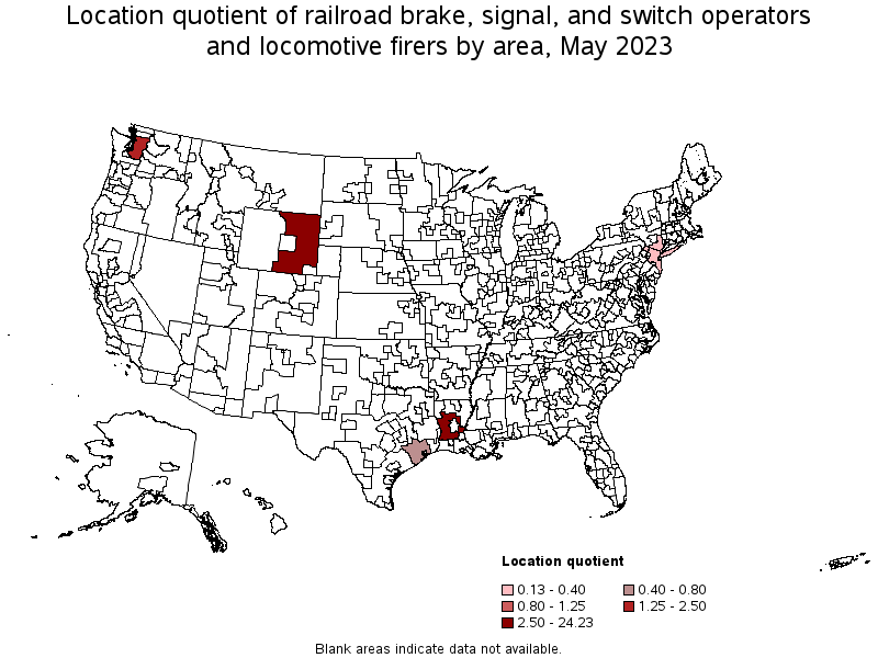 Map of location quotient of railroad brake, signal, and switch operators and locomotive firers by area, May 2021