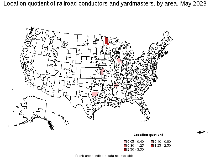 Map of location quotient of railroad conductors and yardmasters by area, May 2021