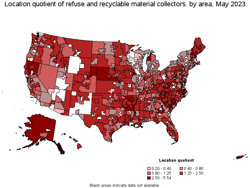 Map of location quotient of refuse and recyclable material collectors by area, May 2023