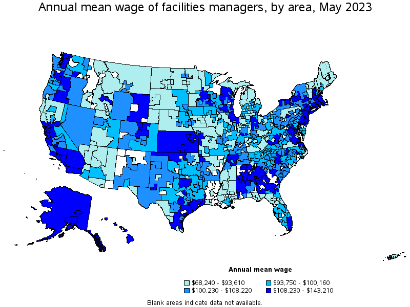 Map of annual mean wages of facilities managers by area, May 2023