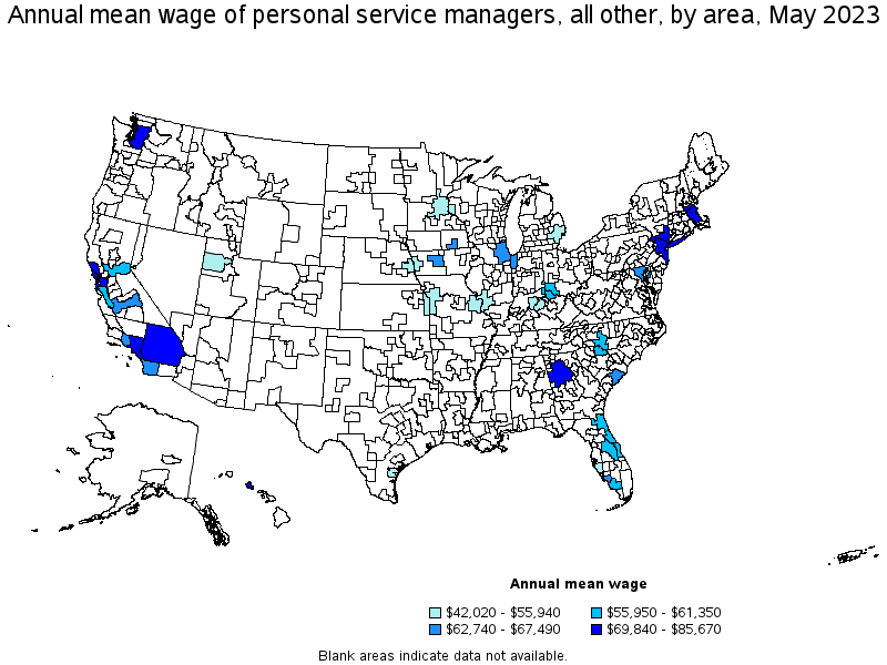 Map of annual mean wages of personal service managers, all other by area, May 2022