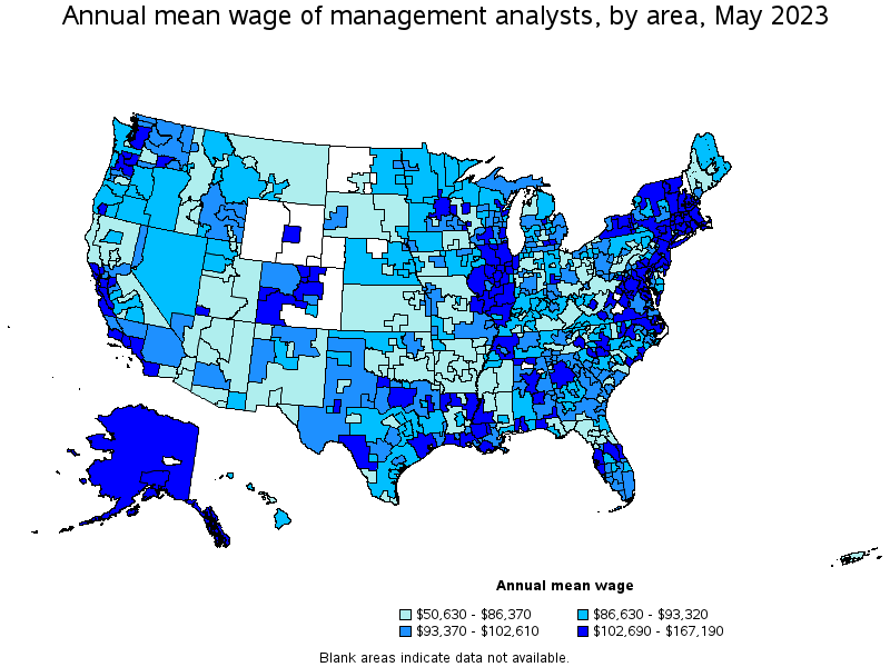 Map of annual mean wages of management analysts by area, May 2023