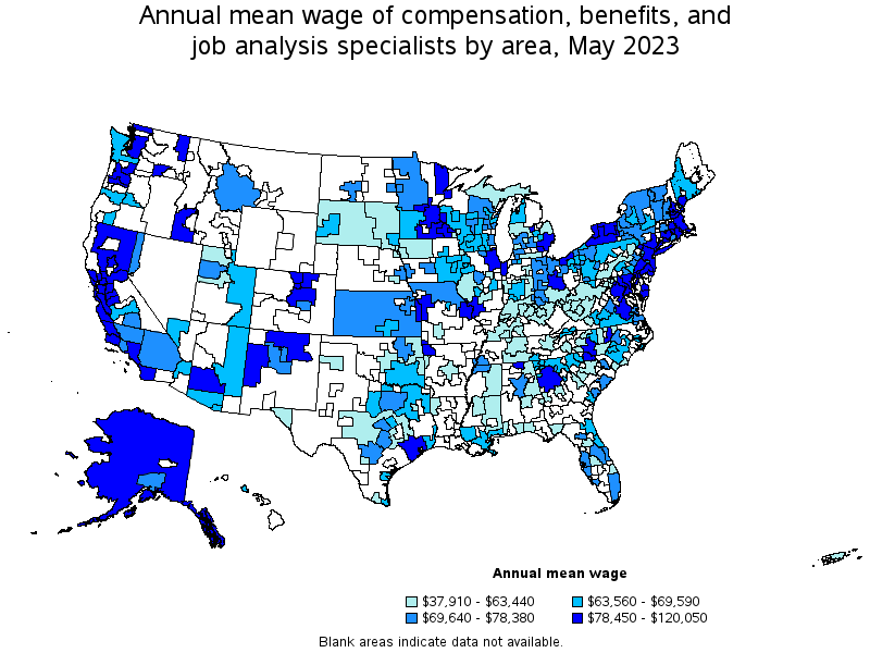 Map of annual mean wages of compensation, benefits, and job analysis specialists by area, May 2021