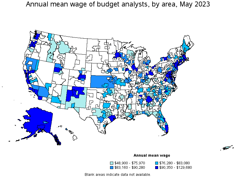Map of annual mean wages of budget analysts by area, May 2021