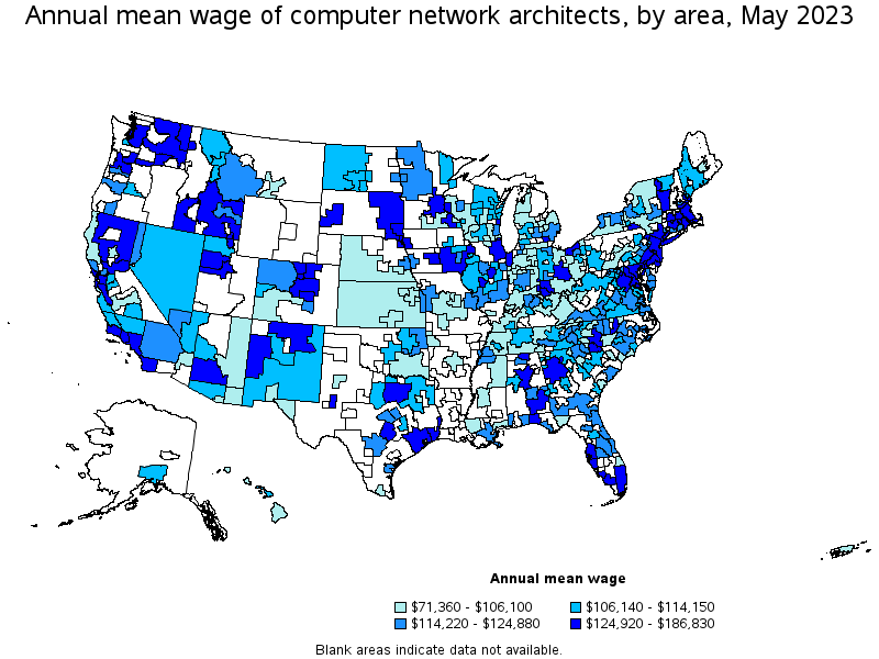 Map of annual mean wages of computer network architects by area, May 2021