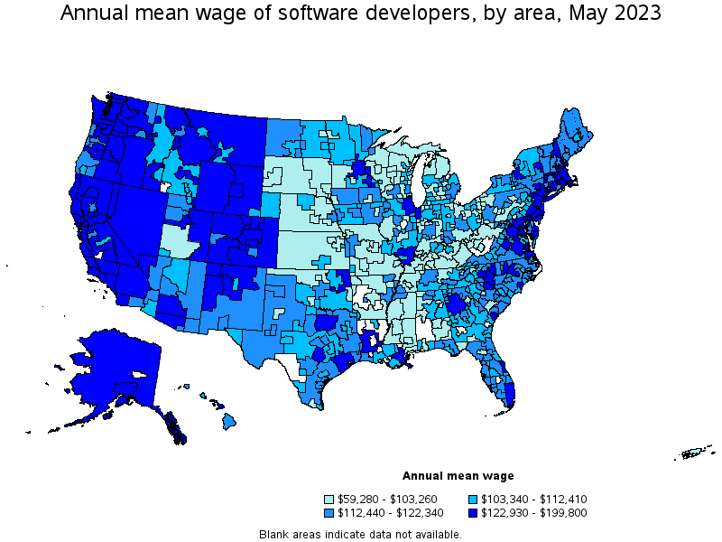 Map of annual mean wages of software developers by area, May 2023