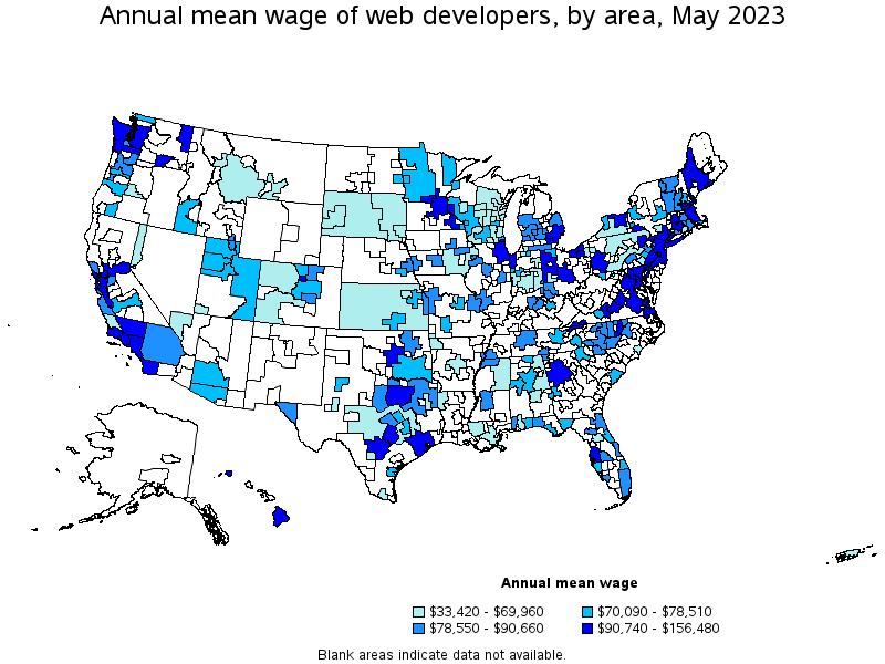 Map of annual mean wages of web developers by area, May 2021