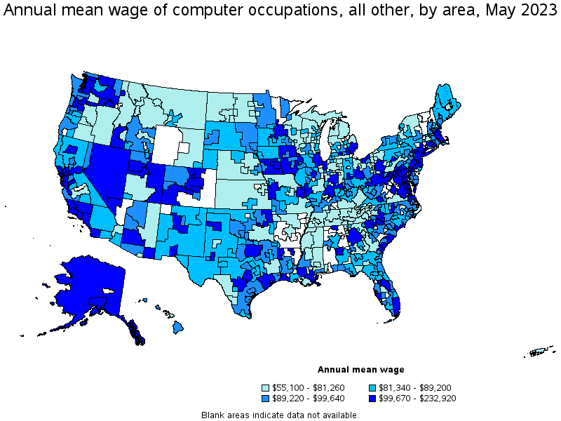 Map of annual mean wages of computer occupations, all other by area, May 2022