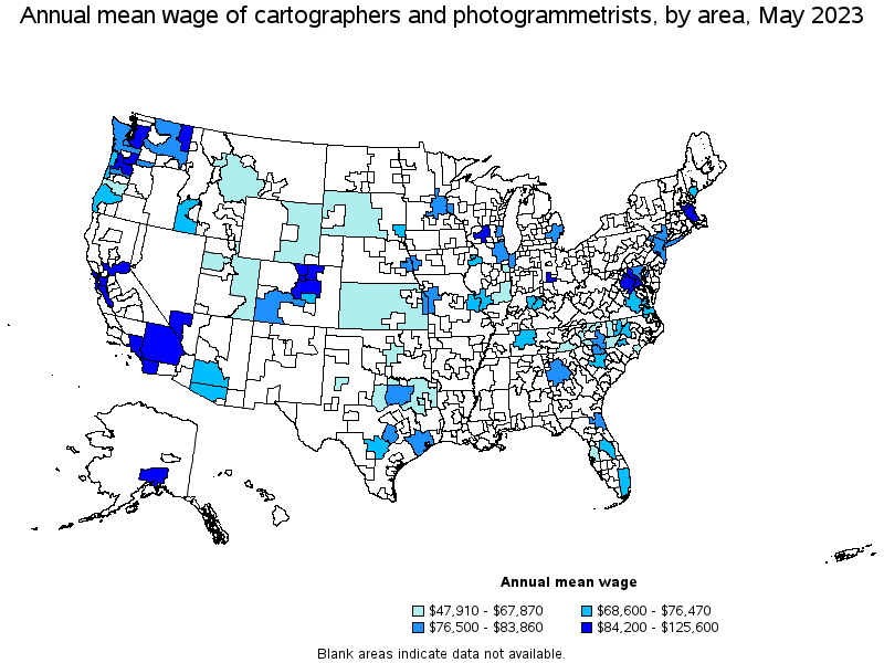 Map of annual mean wages of cartographers and photogrammetrists by area, May 2022