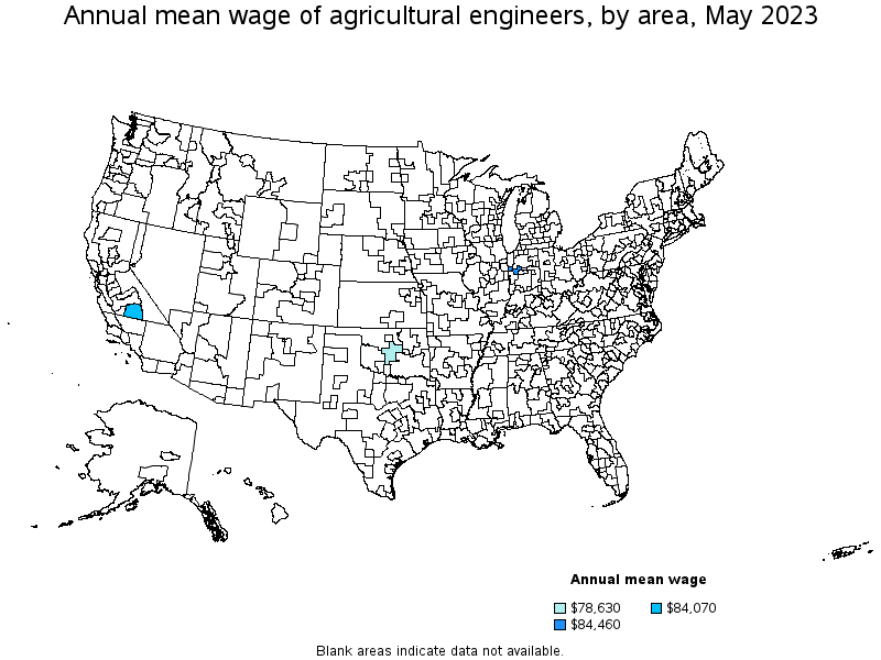 Map of annual mean wages of agricultural engineers by area, May 2023
