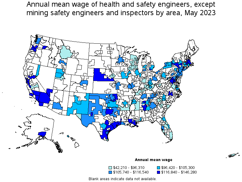 Map of annual mean wages of health and safety engineers, except mining safety engineers and inspectors by area, May 2021
