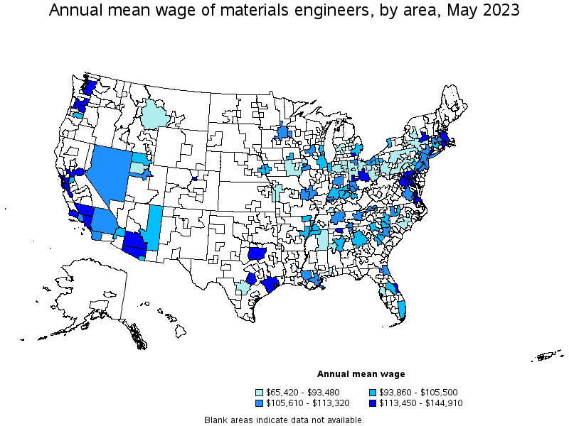 Map of annual mean wages of materials engineers by area, May 2021