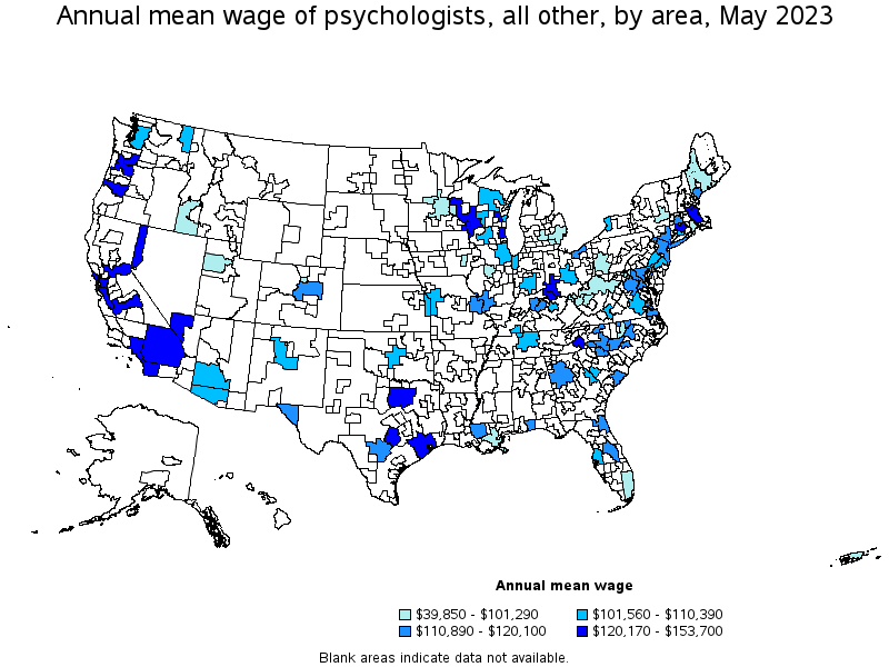 Map of annual mean wages of psychologists, all other by area, May 2021