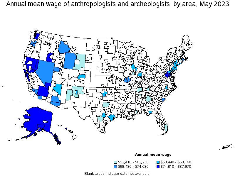 Map of annual mean wages of anthropologists and archeologists by area, May 2021
