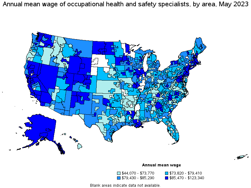 Map of annual mean wages of occupational health and safety specialists by area, May 2023