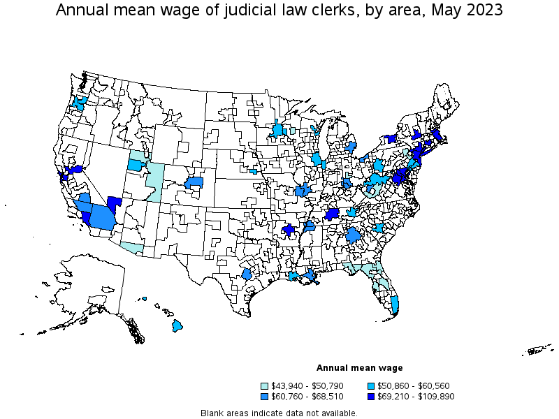 Map of annual mean wages of judicial law clerks by area, May 2022
