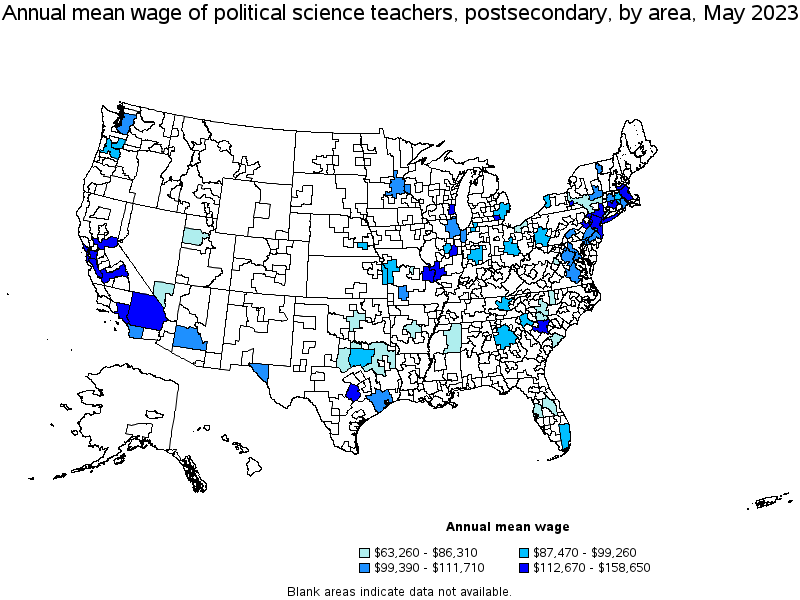 Map of annual mean wages of political science teachers, postsecondary by area, May 2021