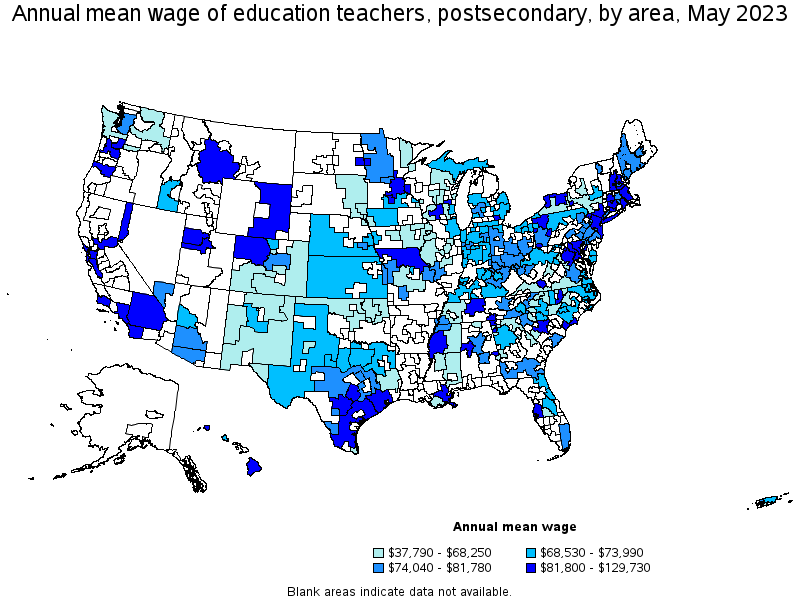 Map of annual mean wages of education teachers, postsecondary by area, May 2021
