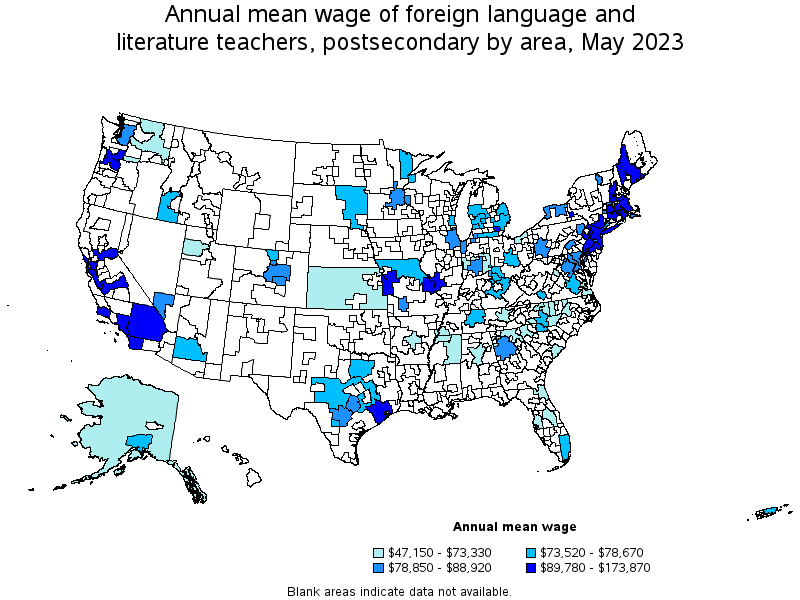 Map of annual mean wages of foreign language and literature teachers, postsecondary by area, May 2022