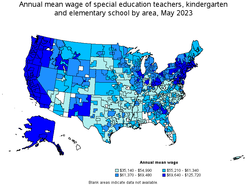 Map of annual mean wages of special education teachers, kindergarten and elementary school by area, May 2023