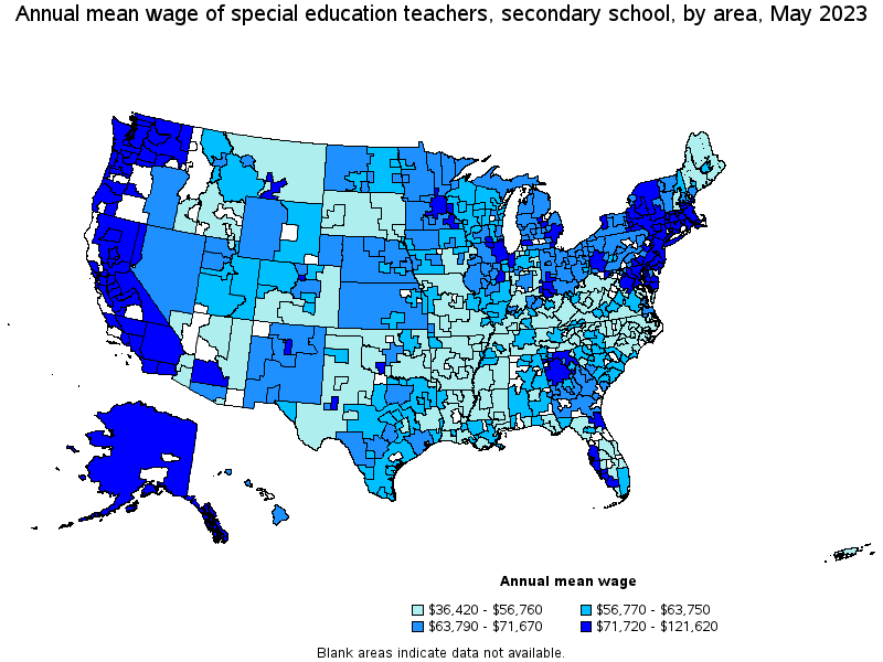 Map of annual mean wages of special education teachers, secondary school by area, May 2023