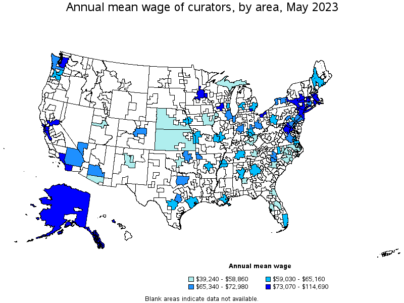 Map of annual mean wages of curators by area, May 2021
