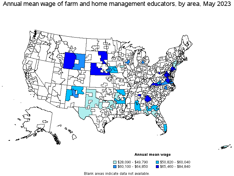 Map of annual mean wages of farm and home management educators by area, May 2021