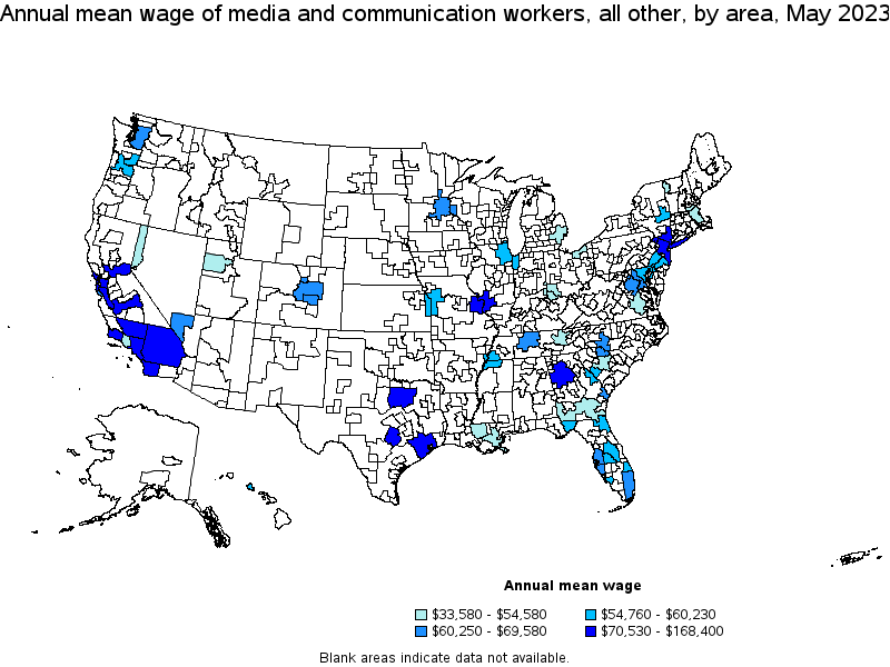 Map of annual mean wages of media and communication workers, all other by area, May 2021