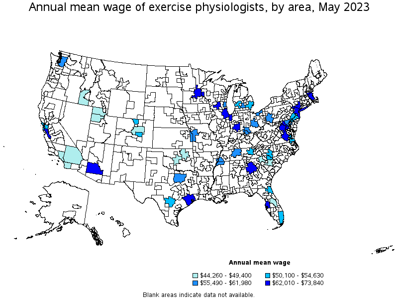 Map of annual mean wages of exercise physiologists by area, May 2022