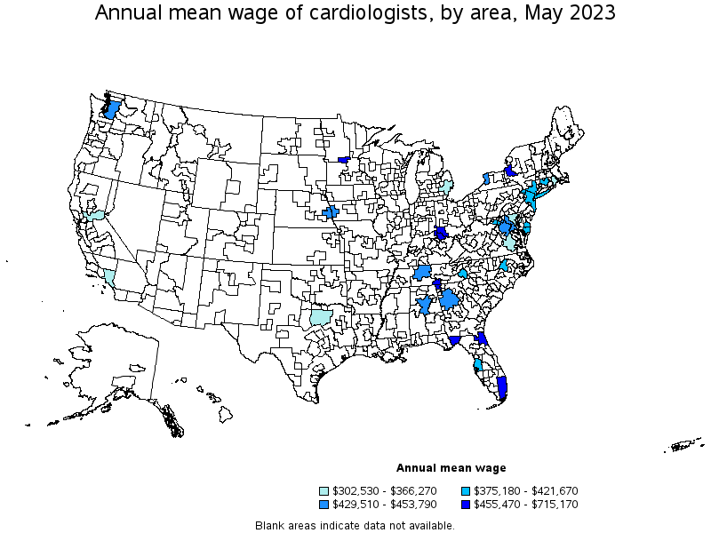 Map of annual mean wages of cardiologists by area, May 2021