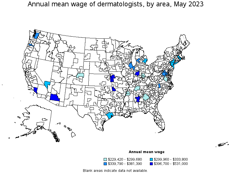Map of annual mean wages of dermatologists by area, May 2021