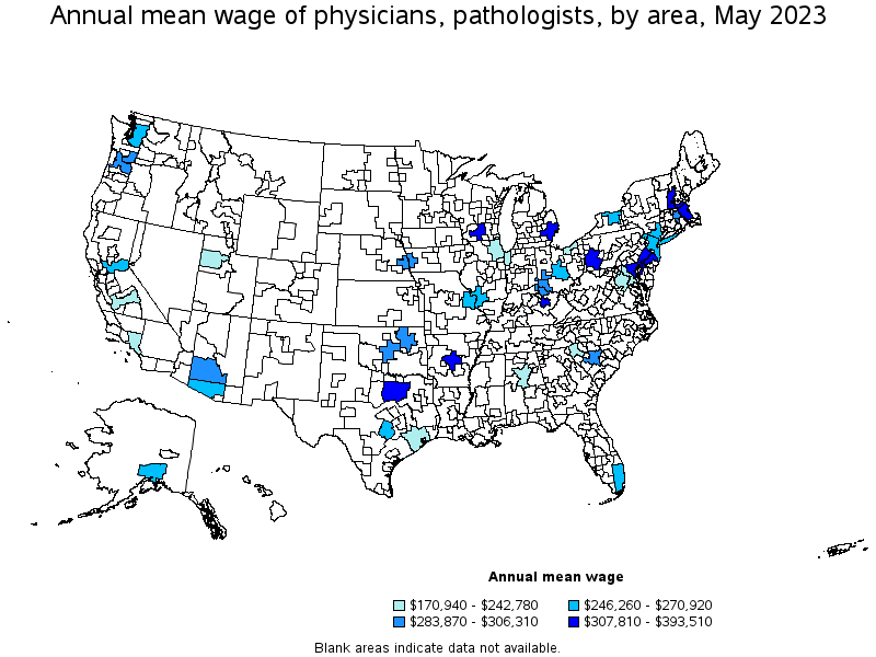 Map of annual mean wages of physicians, pathologists by area, May 2021