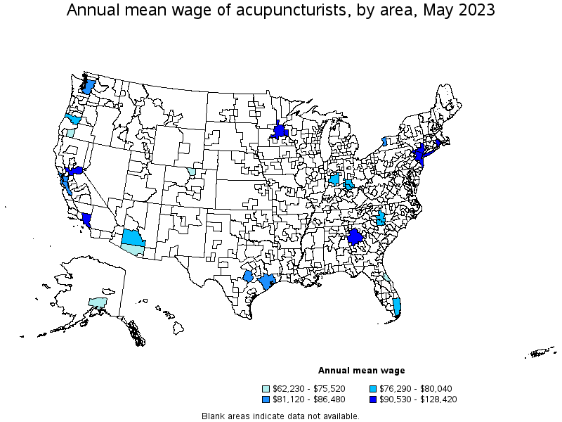 Map of annual mean wages of acupuncturists by area, May 2021