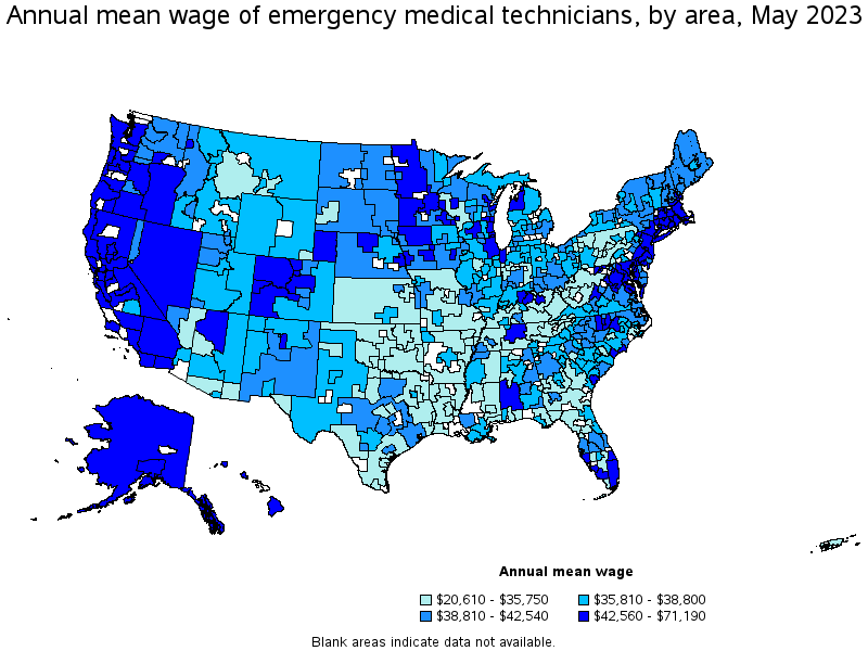 Map of annual mean wages of emergency medical technicians by area, May 2023