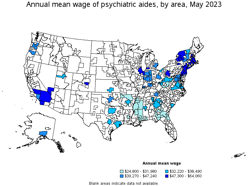 Map of annual mean wages of psychiatric aides by area, May 2021