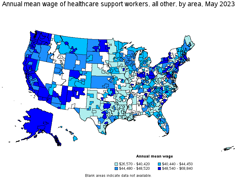 Map of annual mean wages of healthcare support workers, all other by area, May 2023
