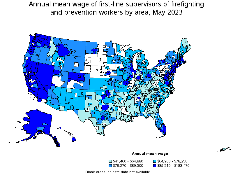 Map of annual mean wages of first-line supervisors of firefighting and prevention workers by area, May 2022
