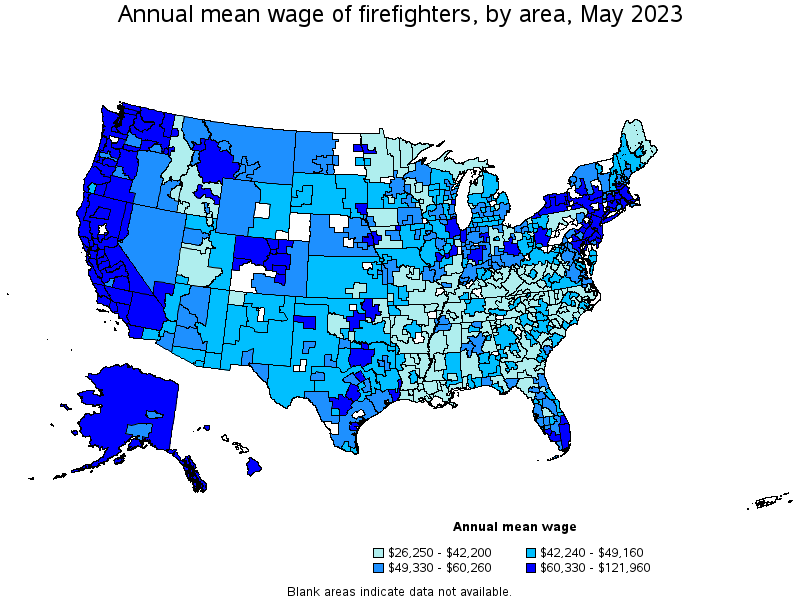 Map of annual mean wages of firefighters by area, May 2023
